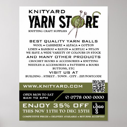 Green Yarn Store Logo Knitting Store Yarn Store Poster