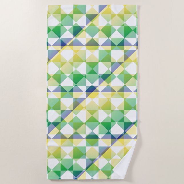 Green Yellow Abstract Checker Square Pattern Beach Towel (Front)