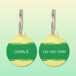 Green yellow add a name and contact number pet ID tag<br><div class="desc">Pet ID tag
Add a name and a contact number.
Green and yellow.</div>