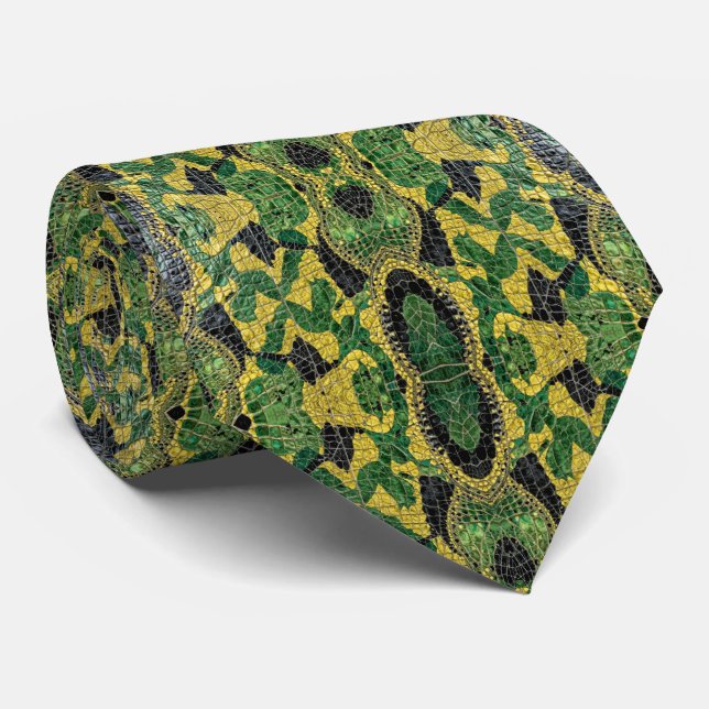 Green Yellow Alligator Crocodile Dragon Leather Neck Tie (Rolled)