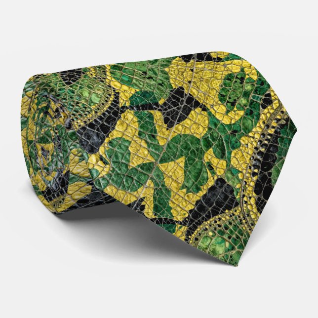 Green Yellow Alligator Crocodile Dragon Leather Neck Tie (Rolled)