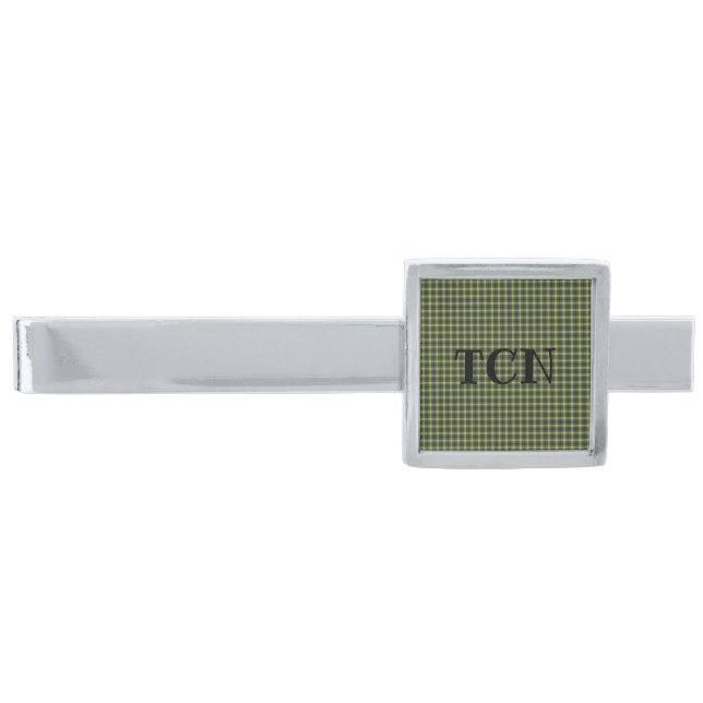 Green Yellow and Blue Plaid Men's  Silver Finish Tie Bar (Front)
