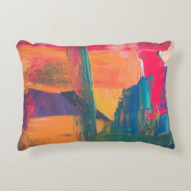 Green, yellow, and red abstract painting accent pillow (Front)