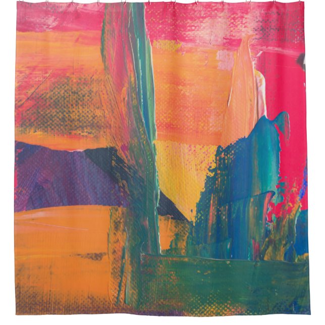 Green, yellow, and red abstract painting shower curtain (Front)