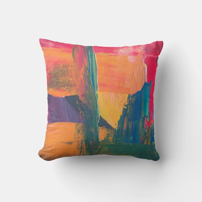 Green, yellow, and red abstract painting throw pillow (Front)