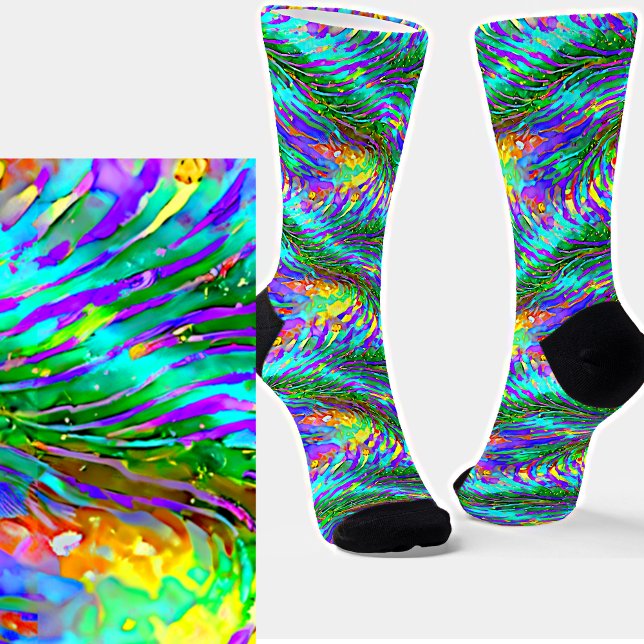Green Yellow Aqua Red Windy Leafy Abstract Swirls Socks (Creator Uploaded)