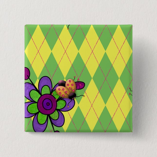 Green & Yellow Argyle Ladybug & Flower Pinback Button (Front)