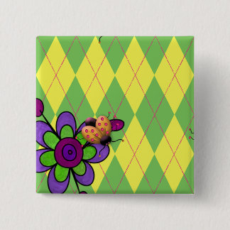 Green & Yellow Argyle Ladybug & Flower Pinback Button