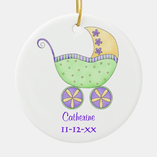 Green Yellow Baby Buggy Carriage Name Birth Date Ceramic Ornament