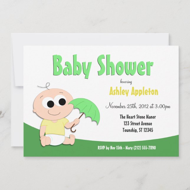 Green & Yellow Baby Umbrella - Shower Invitations (Front)