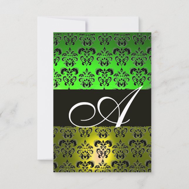 GREEN YELLOW  BLACK  WHITE DAMASK MONOGRAM INVITATION (Front)