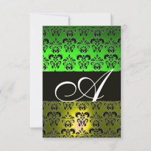 GREEN YELLOW  BLACK  WHITE DAMASK MONOGRAM INVITATION