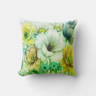 Green + Yellow Blooming Flowers Sofa Bed Chair  Throw Pillow