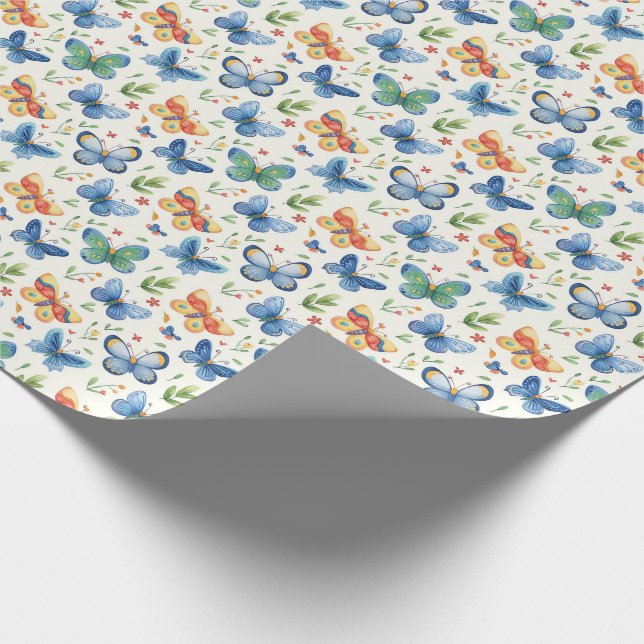 Green Yellow Blue Butterflies and Flowers Wrapping Paper (Corner)
