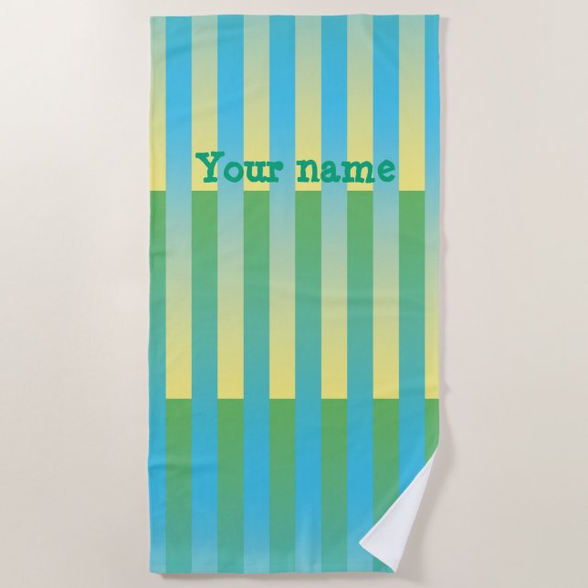 Green Yellow Blue Personalize Striped Pattern Beach Towel (Front)
