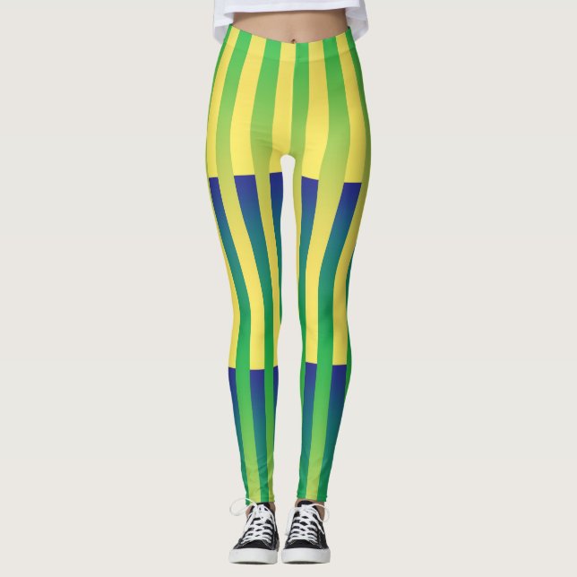 Green Yellow Blue Striped Pattern Leggings (Front)