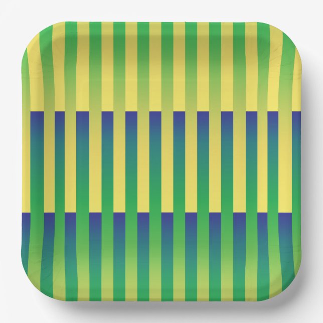 Green Yellow Blue Striped Pattern Paper Plates (Front)