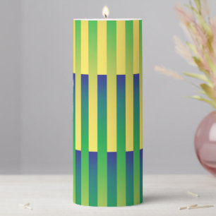 Green Yellow Blue Striped Pattern Pillar Candle
