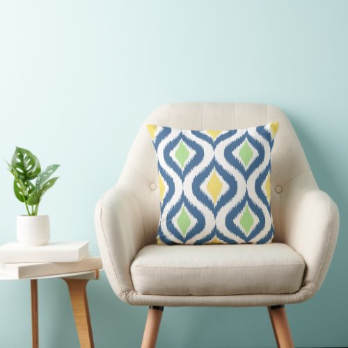 Green Yellow Blue White Ikat Ogee Art Pattern Throw Pillow