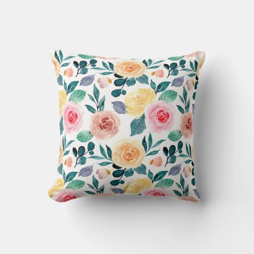 Green Yellow Blush Pink Floral Watercolor Pattern Throw Pillow