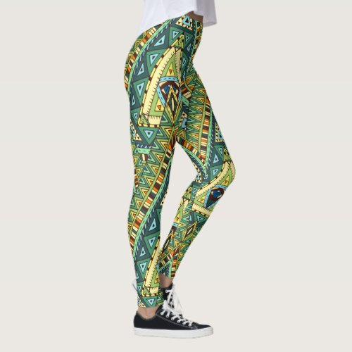 Green yellow boho ethnic pattern leggings