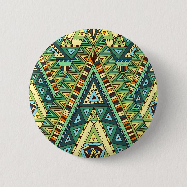 Green yellow boho ethnic pattern pinback button (Front)