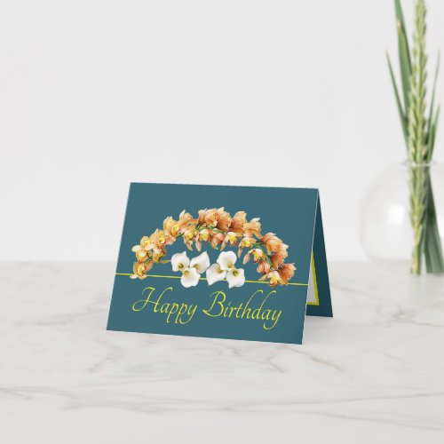 Green Yellow Bouquet Orchids Lilies Happy Birthday Card