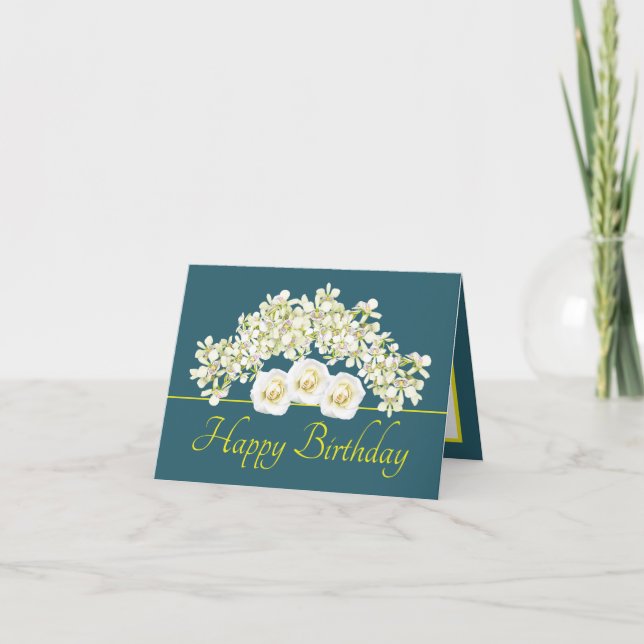 Green Yellow Bouquet Orchids Roses Happy Birthday Card (Front)