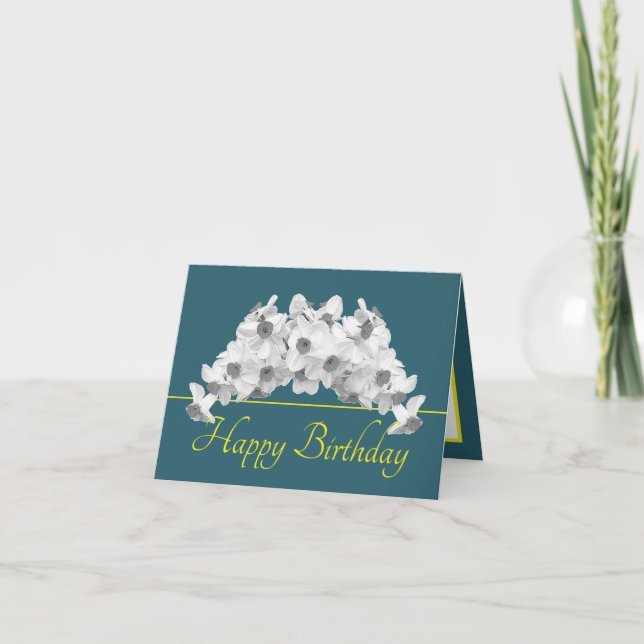 Green Yellow Bouquet White Daffodil Happy Birthday Card (Front)