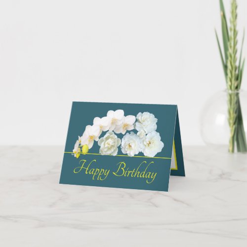 Green Yellow Bouquet White Flowers Happy Birthday Card