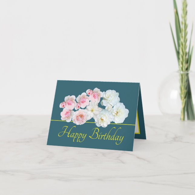 Green Yellow Bouquet White Pink Roses Birthday Card (Front)