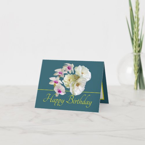 Green Yellow Bouquet White Roses Orchids Birthday Card