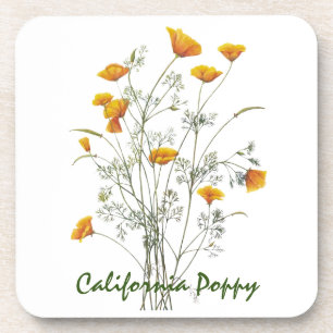Green Yellow California Poppy Watercolor Painting Beverage Coaster
