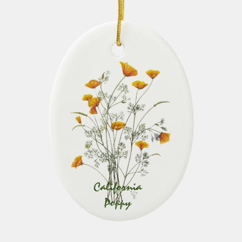 Green Yellow California Poppy Watercolor Painting  Ceramic Ornament