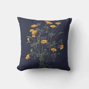 Green Yellow California Poppy Watercolor Painting Throw Pillow