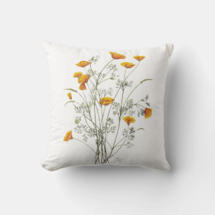 Green Yellow California Poppy Watercolor Painting Throw Pillow