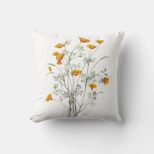 Green Yellow California Poppy Watercolor Painting  Throw Pillow