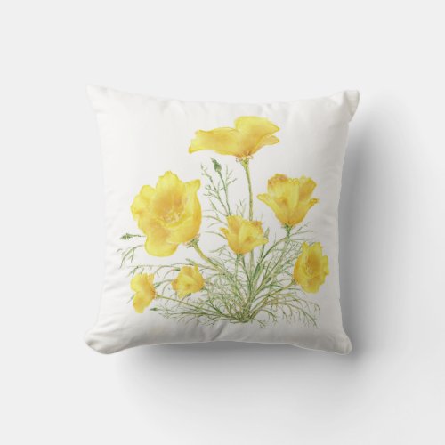 Green Yellow California Poppy Watercolor Painting Throw Pillow