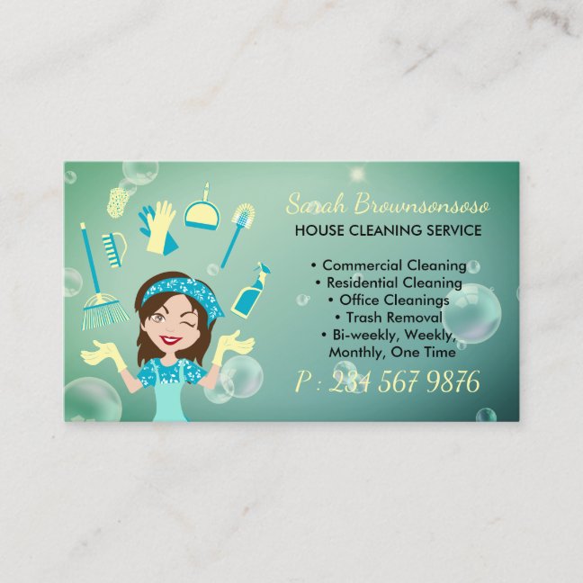 Green Yellow Cartoon Maid House Cleaning Service Business Card