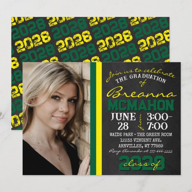 Green & Yellow Chalkboard Graduation Photo Invitation (Front/Back)