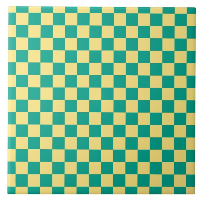 Green + Yellow Checkered Checkerboard Pattern Ceramic Tile (Front)