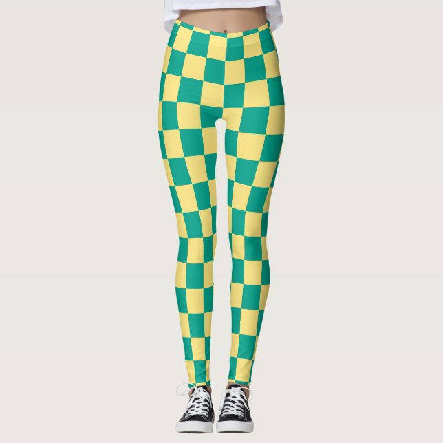 Green + Yellow Checkered Checkerboard Pattern Leggings (Front)