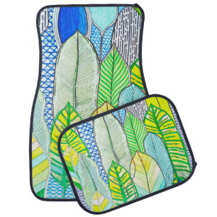 Green Yellow Cute Modern Tropical Boho Leaves Car Floor Mat
