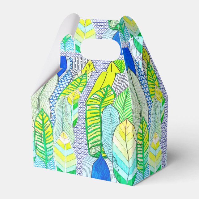 Green Yellow Cute Modern Tropical Boho Leaves Favor Boxes (Front Side)