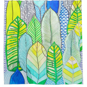 Green Yellow Cute Modern Tropical Boho Leaves Shower Curtain