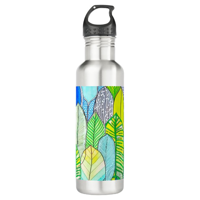 Green Yellow Cute Modern Tropical Boho Leaves Stainless Steel Water Bottle (Front)
