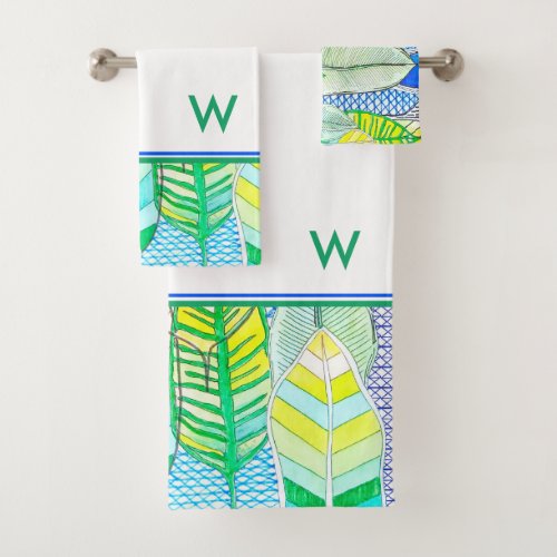 Green Yellow Cute Modern Tropical Boho Monogram Bath Towel Set