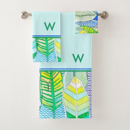 Green Yellow Cute Modern Tropical Boho Monogram Bath Towel Set