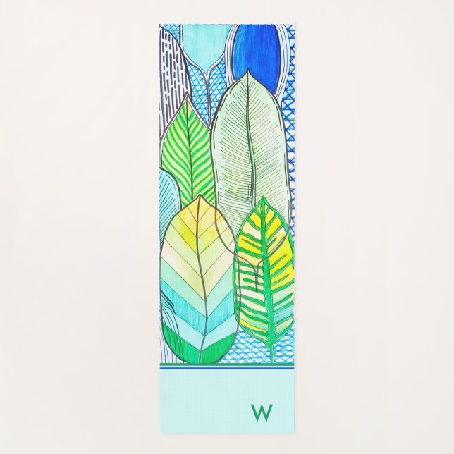 Green Yellow Cute Modern Tropical Boho Monogram Yoga Mat (Front)