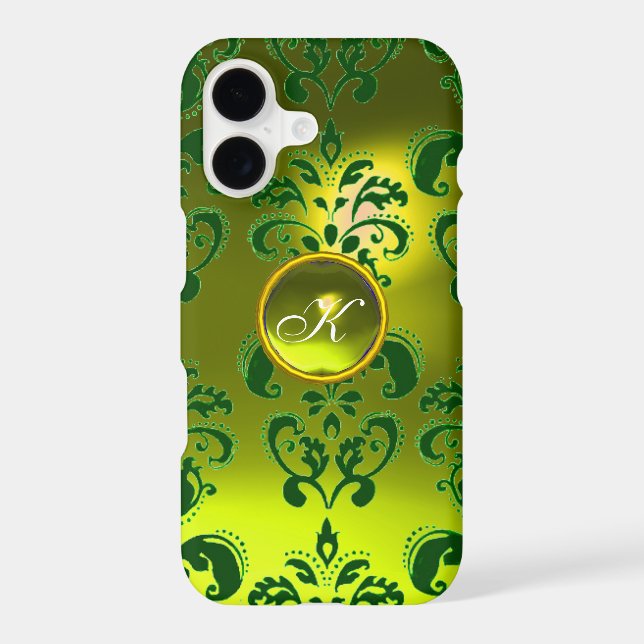 GREEN YELLOW DAMASK GEMSTONE  MONOGRAM IPHONE CASE (Back)